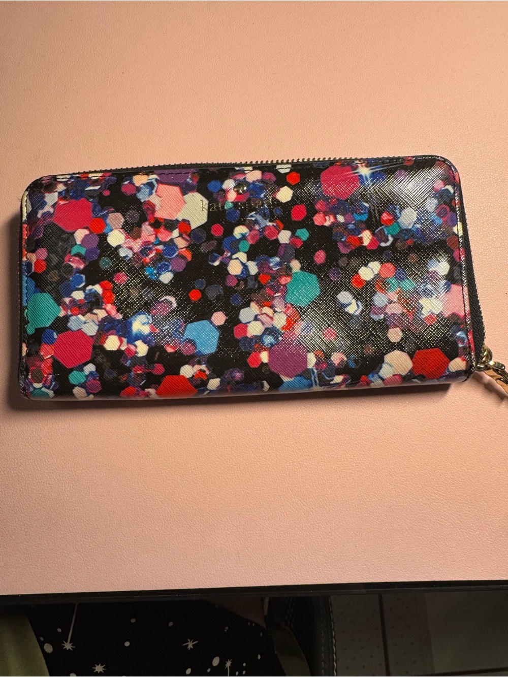 kate spade Black Multi Confetti Print Zip Around Wallet